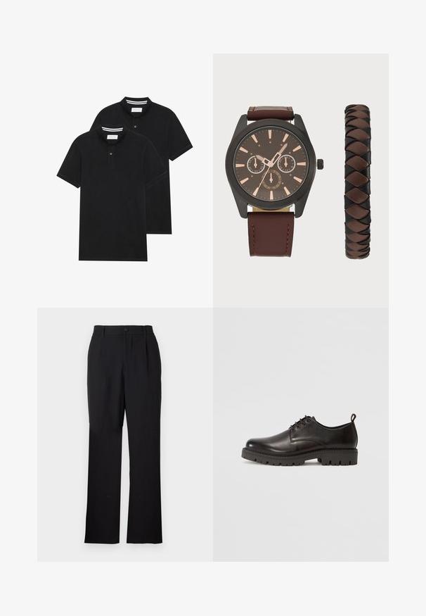 Deux polos noirs, à manches courtes, en coton, avec un col classique, une patte de boutonnage à deux boutons, et des accents rayés blancs à l'intérieur du col.; Only & Sons ONSJEREMY LOOSE PANT - Pantalon classique - black; Chaussures noires en cuir à lacets, présentant une finition lisse, un bout rond, une semelle en caoutchouc épaisse avec un motif de traction, et une petite languette au talon.; Pier One SET - Montre - black/brown; Pier One SET - Montre - black/brown; Pier One SET - Montre - black/brown