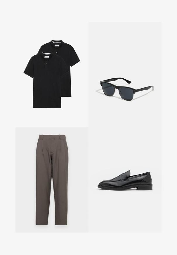 Kaksi mustaa lyhythihaista poolopaitaa, puuvillamateriaalia, joissa on klassinen kaulus, kahden napin napitus ja valkoiset raidat kauluksen sisällä.; Jack & Jones JPSTBILL JJDAYTONA WIDE - Housut - pavement; Musta nahkakengät, joissa on sileä pinta, pyöristetty varvas ja kapea nauha päällä. Matala paksu kanta.; Mustat aurinkolasit, joilla on suorakulmainen muoto, tummat linssit, hopeiset yksityiskohdat temppeleissä ja matta pinta kehykset.; Hopeasävytteinen sormus, jossa on geometrinen muoto, tasainen yläosa ja kiilloitettu pinta. Sormuksen sisäpuolella on merkintä "ALLSAINTS".