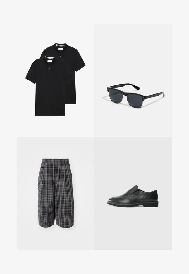 To svarte polo skjorter, kortermet, i bomullsmateriale, med krage i klassisk stil, to-knapps knappestolpe, og hvite striper inni kragen.; Grå rutete shorts med en avslappet passform, med folder, sidelommer og en lett tekstur, designet for komfort og pusteevne.; Sorte skinn slip-on sko med en jevn overflate, stikking detaljer, rund tå og en lav gummihæl. Sålen har minimal mønstring.; Sorte solbriller med rektangulær form, mørke linser, sølvfargede detaljer ved templene, og en matt finish på rammen.