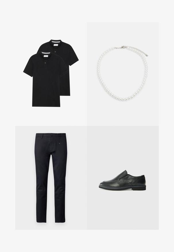 Two black polo shirts, short-sleeved, cotton material, featuring a classic collar, two-button placket, and white striped accents inside the collar.; Black cotton trousers with a straight-leg design, belt loops, and a button closure. Features subtle stitching details near the waistband.; Black leather slip-on shoe with a smooth upper, stitched accents, rounded toe, and a low rubber heel. Sole features minimal tread.; White pearl necklace with a uniform round shape, smooth surface, and metal clasp with an extension chain for adjustable length.