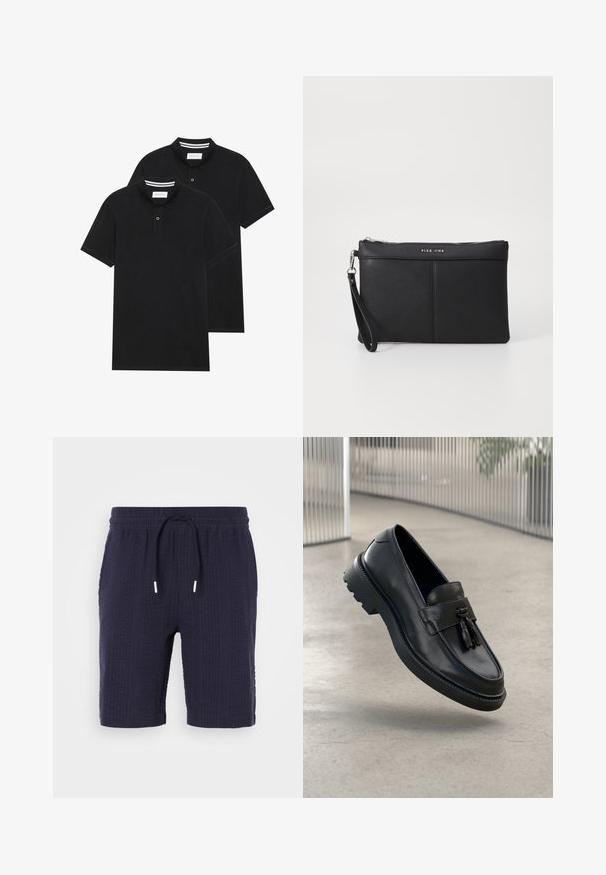Two black polo shirts, short-sleeved, cotton material, featuring a classic collar, two-button placket, and white striped accents inside the collar.; Navy shorts with a textured pattern, elastic waistband, and drawstring closure. Features a relaxed fit and above-the-knee length.; Black leather loafers with a smooth finish, decorative tassel, thick rubber sole, and stitched accents. Lightweight and sleek design.; Black synthetic clutch with a zip closure, wrist strap, and a smooth texture. Features subtle stitching and a logo embossed on the front.