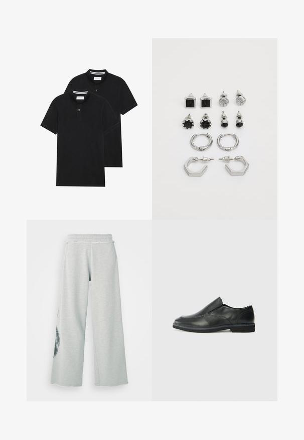 Du žaidimų juodos polo marškiniai, trumpomis rankovėmis, pagaminti iš medvilnės, su klasikinėmis apykaklėmis, dviem mygtukais priekyje ir baltais dryžiais apykaklės viduje.; Šviesiai pilkos plačios kelnės iš minkštos medvilnės mišinio, su šoninėmis kišenėmis ir dekoratyvine juoda grafika kairėje kojinėje.; Juodai odiniai įtvirtinimo batai su lygiu paviršiumi, siuvinėjimo akcentais, apvalia nosimi ir žemu guminiu kulnu. Pado raštas minimalus.; Sidabriniai auskarai, sudaryti iš dviejų porų apyrankių ir šešių porų įsukamų auskarų, kurie turi įvairias formas ir tekstūras, įskaitant juodus akcentus.