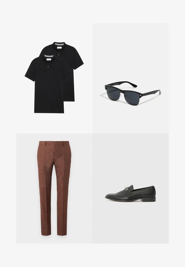 Du žaidimų juodos polo marškiniai, trumpomis rankovėmis, pagaminti iš medvilnės, su klasikinėmis apykaklėmis, dviem mygtukais priekyje ir baltais dryžiais apykaklės viduje.; Rudos lininis kelnes su tekstūru, turi slim fit dizainą, siuvinėtus priekinius raukšles ir dvi šonines kišenes.; Juodos odinės loafer tipo bateliai su lygiu paviršiumi, turintys siuvinėtą dizainą ir dekoratyvų metalo grandinėlės akcentą ant batų viršaus. Plokščias kulnas.; Juodos saulės akinių su stačiakampiu rėmeliu, tamsiais lęšiais, sidabrinėmis detalėmis šventrajose ir matinio paviršiaus rėmeliu.; Balta perlų kaklo grandinėlė, su vienodai apvalia forma, lygiu paviršiumi ir metaline sagtimi su ilginimo grandinėle, leidžiančia reguliuoti ilgį.
