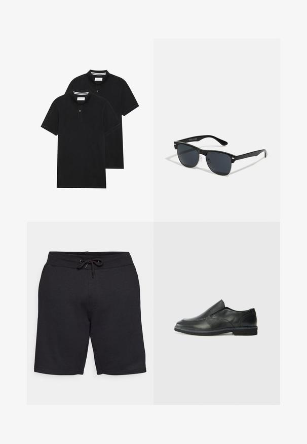 To svarte polo skjorter, kortermet, i bomullsmateriale, med krage i klassisk stil, to-knapps knappestolpe, og hvite striper inni kragen.; Svart bomullsshorts med elastisk midje og snor. Har sidelommer og en glatt tekstur med sømmer.; Sorte skinn slip-on sko med en jevn overflate, stikking detaljer, rund tå og en lav gummihæl. Sålen har minimal mønstring.; Sorte solbriller med rektangulær form, mørke linser, sølvfargede detaljer ved templene, og en matt finish på rammen.