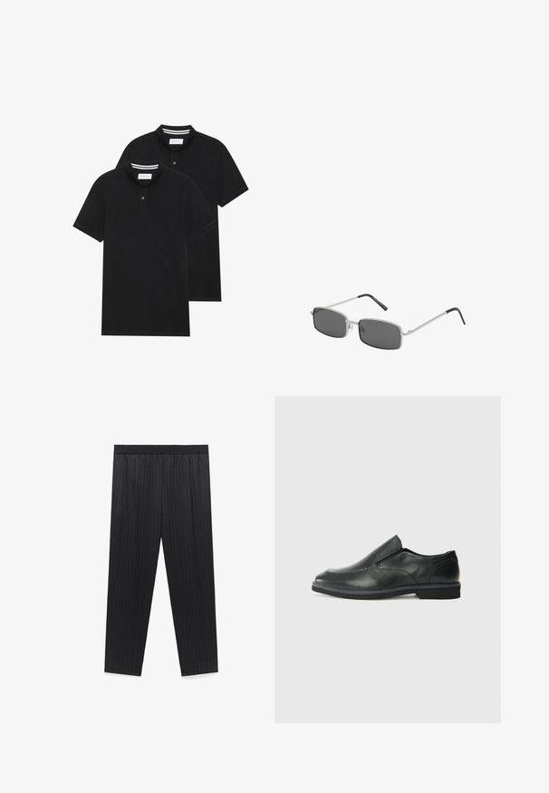 Två svarta polo t-shirts, kortärmade, i bomullsmaterial, med en klassisk krage, tvåknappsslutning och vita randiga accenter inuti kragen.; Svarta, ränderade byxor med resårmidja, rak ben-design och en mjuk struktur. Inga ytterligare detaljer eller hårdvara synliga.; Svart lädersko i slip-on-modell med en slät ovandel, sömnadsdetaljer, rund tå och låg gummihäl. Sulan har minimal mönstring.; Rektangulära solglasögon med mörkgrå linser, tunn silverfärgad metallram och svarta gummibelagda skalmar. Minimalistisk design.; Pier One SET - Klocka - black/brown