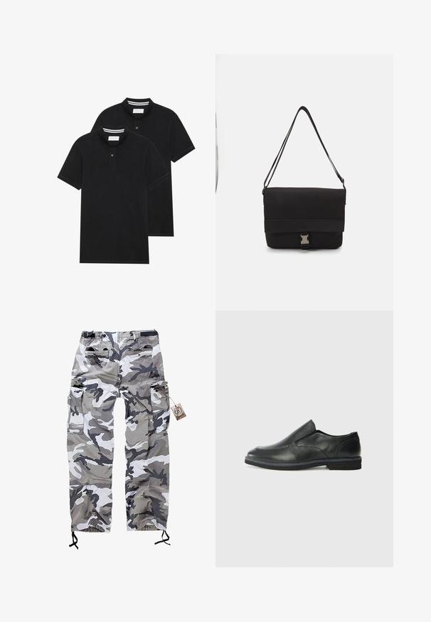 Två svarta polo t-shirts, kortärmade, i bomullsmaterial, med en klassisk krage, tvåknappsslutning och vita randiga accenter inuti kragen.; Kamouflage cargo byxor i nyanser av grått och vitt, med flera fickor och snörning vid vristerna för justerbar passform.; Svart lädersko i slip-on-modell med en slät ovandel, sömnadsdetaljer, rund tå och låg gummihäl. Sulan har minimal mönstring.; Svart messenger väska i slät material med en vikbar klaff, silverfärgade spännen och justerbar axelrem.