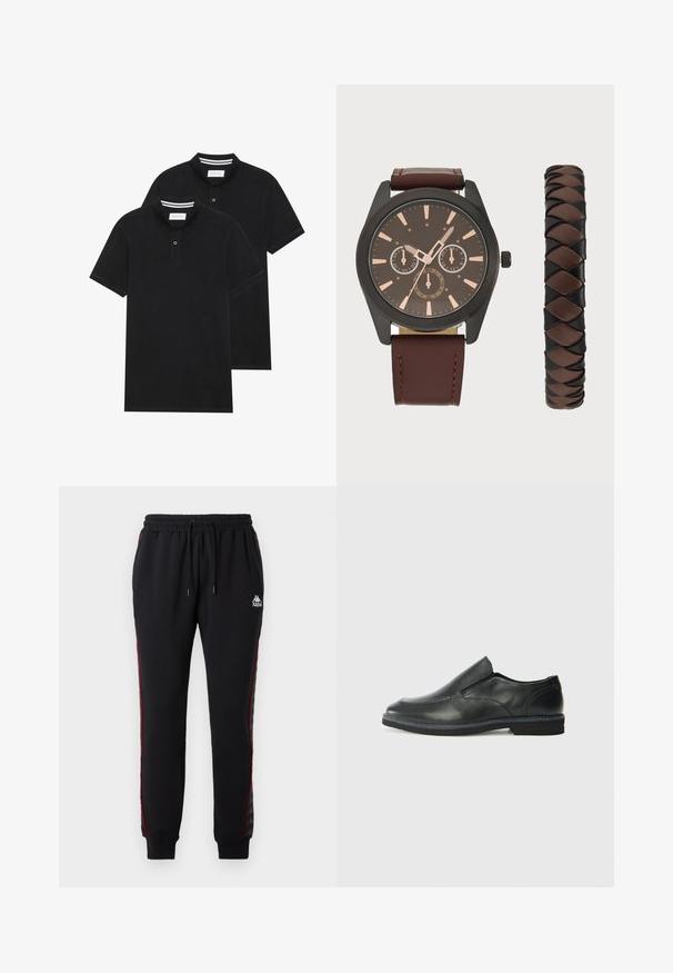 Duas camisetas polo pretas, de manga curta, em material de algodão, com colarinho clássico, abertura com dois botões e detalhes em riscas brancas no interior do colarinho.; Fato de treino preto com cintura elástica, riscas laterais vermelhas e logotipo Kappa. Feito de tecido suave, com punhos canelados e um ajuste descontraído.; Sapato slip-on preto em pele com um upper liso, acabamentos cosidos, bico arredondado e um salto de borracha baixo. A sola apresenta um padrão de aderência mínimo.; Pier One SET - Relógio - black/brown