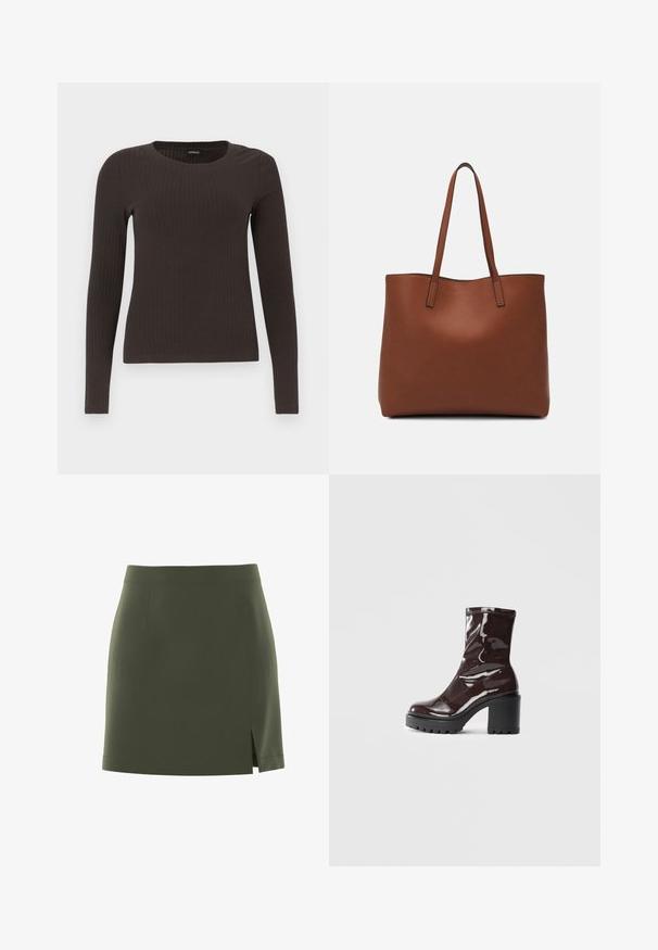 Brun långärmad ribbad topp med rundad halsringning. Tillverkad av ett mjukt, elastiskt material, med en figurnära silhuett och minimala detaljer.; Olivgrön minikjol med figurnära design, rak fåll och en sida slits. Tillverkad av ett mjukt, stretchigt tyg utan synliga detaljer.; Glansig bordeauxfärgad ankelsko med en kraftig svart klack, som har en slät yta och enkel design. Inga synliga stängningar eller mönster.; Brun läder tote-väska med en slät textur, öppen toppdesign och två axelremmar. Har minimal söm och ingen synlig metalldetalj.