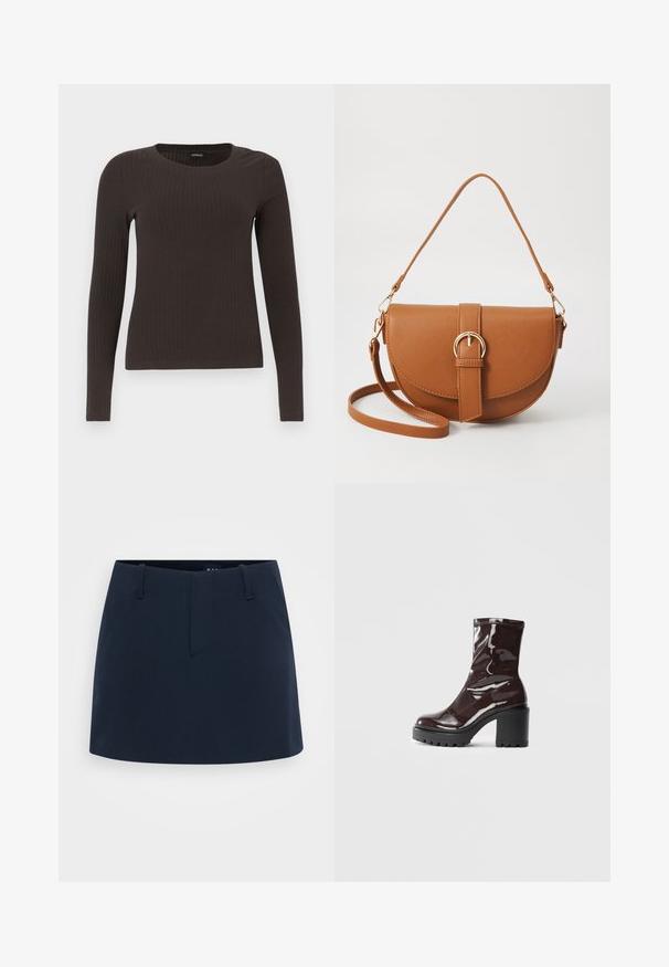 Smeđa, dugokraga, rebrasta majica s dugim rukavima. Izrađena od glatkog, rastezljivog materijala, s prikladnim krojem bez mnogo detalja.; Tamno plava suknja s prilagođenim dizajnom, s ravnim prednjim dijelom, petljama za remen i bez vidljivih džepova. Izrađena je od teksturiranog materijala.; Sjajna burgundska čizma do gležnja s debelim crnim potplatom, koja se odlikuje glatkom teksturom i jednostavnim dizajnom. Nema vidljivih kopčanja ili uzoraka.; Smeđa kožna torba preko tijela s zakrivljenim oblikom, zlatnim metalnim detaljima i naglaskom na kopču. Ima odvojivu naramenicu.