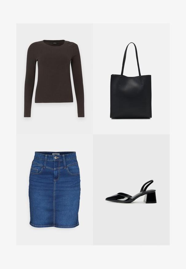 Top castanho de manga longa em malha com decote redondo. Feito de um material suave e elástico, apresentando um silhueta ajustada e detalhes mínimos.; Saia de ganga em azul escuro com um design ajustado. Apresenta cinco bolsos, fecho de botão e costuras contrastantes ao longo das costuras.; Sandy em verniz preto com salto slingback, ponta afilada e salto geométrico. Apresenta um design elegante e minimalista com textura suave.; Bolsa tote preta em couro com textura lisa, forma retangular e duas alças longas. Sem hardware ou enfeites visíveis.