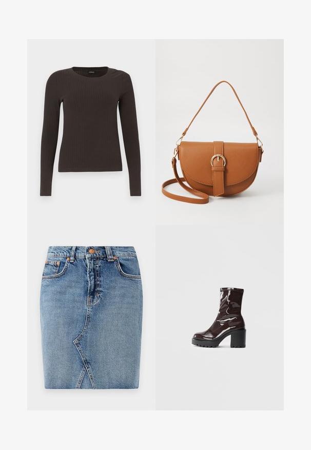 Rudas, su ilgomis rankovėmis, grioveliais dekoruotas viršus su apvaliu iškirpimu. Pagamintas iš lygaus, elastingo audinio, su prigludusia siluetu ir minimaliais akcentais.; Vidutinio mėlynumo džinsinė sijonas, pasižymintis prigludusia forma, priekinėmis kišenėmis ir diagonalių siūlės detale. Standartinė juosmens juosta su metaliniu mygtuko užsegimu.; Blizgus burgundių spalvos kulknapis su tankiu juodu kulnu, pasižymintis lygiu paviršiumi ir paprastu dizainu. Nėra matomų užsegimų ar raštų.; Ruda odinė kryžminė rankinė, turinti kreivą formą, auksinius metalinius elementus ir sagtį. Yra nuimama petneša.