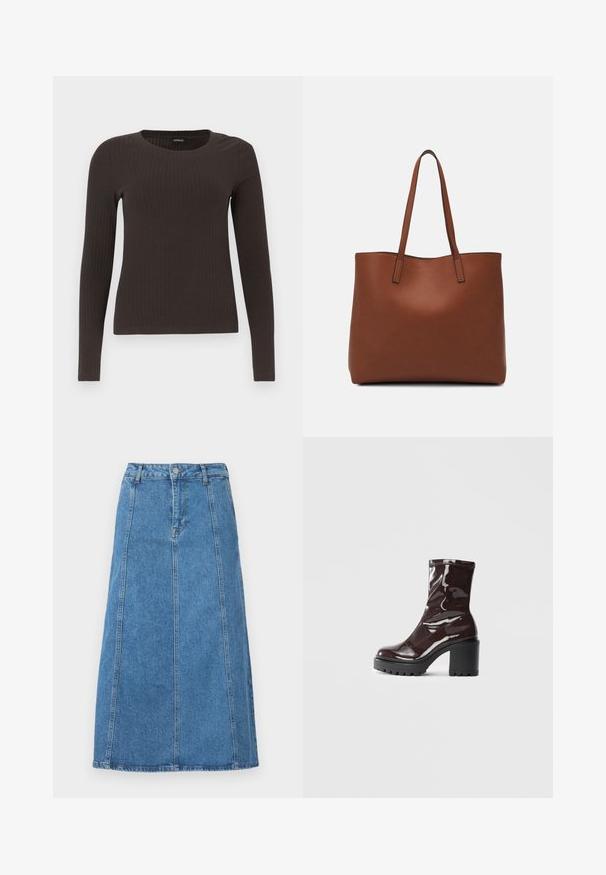 Rjav, dolgosleeve rebrasti zgornji del s krožnim izrezom. Narejen iz gladkega, raztegljivega materiala, z oprijetim silhuetom in minimalnimi detajli.; Denim midi krilo v svetlo modri barvi z neposrednim krojem, sprednjim zapiranjem na gumbe, petimi zankami za pas in dvema stranskima žepoma.; Sijajan škrlatank z bleščečim videzom, z masivnim črnim peto, ki se ponaša z gladko teksturo in preprostim dizajnom. Brez vidnih zapenjal ali vzorcev.; Rjava usnjena torba z gladko teksturo, odprto zasnovo zgoraj in dvema naramnima trakovoma. Opremljena je z minimalnim šivanjem in brez vidnih kovinskih delov.