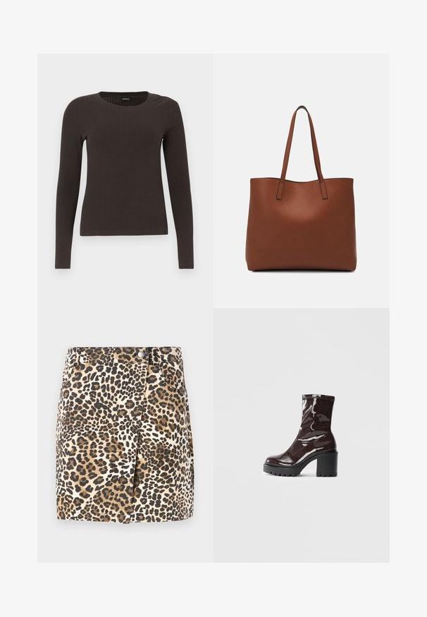 Brun långärmad ribbad topp med rundad halsringning. Tillverkad av ett mjukt, elastiskt material, med en figurnära silhuett och minimala detaljer.; JDY JDYRAY SHORT SKIRT - Minikjol - pumice stone; Glansig bordeauxfärgad ankelsko med en kraftig svart klack, som har en slät yta och enkel design. Inga synliga stängningar eller mönster.; Brun läder tote-väska med en slät textur, öppen toppdesign och två axelremmar. Har minimal söm och ingen synlig metalldetalj.