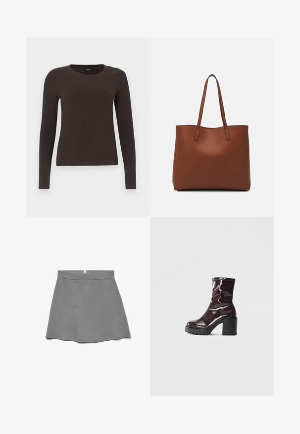 Brown, long-sleeve ribbed top with a crew neckline. Made from a smooth, stretchy material, featuring a fitted silhouette and minimal detailing.; Gray skirt made of soft fabric, featuring a high waist, flared shape, and a concealed zipper at the back.; Glossy burgundy ankle boot with a chunky black heel, featuring a smooth texture and simple design. No visible fastenings or patterns.; Brown leather tote bag with a smooth texture, open top design, and two shoulder straps. Features minimal stitching and no visible hardware.