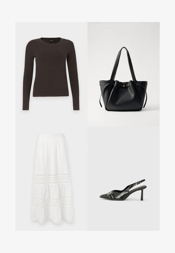 Barna, hosszú ujjú bordázott felső, kerek nyakkivágással. Simább, rugalmas anyagból készült, illeszkedő fazonú és minimális részletezéssel.; Fehér pamut maxi szoknya, mely fémlyukacsos anyagból készült, rétegelt kialakítású, rugalmas derékpánttal és csipke díszítéssel az alján és a panelek mentén.; Fekete lakk bőr, hegyes orrú slingback cipő, boka pántokkal, ezüst csatokkal és hardverelemekkel, valamint karcsú sarkú.; Fekete bőrtáska két hosszú pánttal, összehúzott tetejével és arany kör alakú díszítéssel. Sima felület, minimalista design.