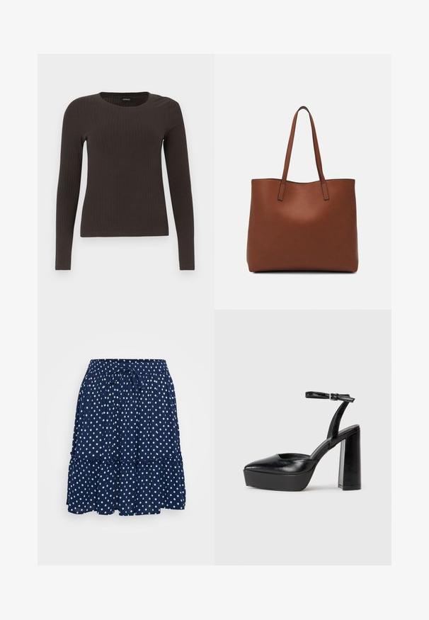 Brun, langermet ribbestrikket topp med rund hals. Laget av et glatt, elastisk materiale, med en tettsittende silhuett og minimalt med detaljer.; Marineblå, lagdelt skjørt laget av lett stoff, med prikkete mønster og justerbar midjebånd for en behagelig passform.; Sorte plattformhelter med spiss tå og justerbar ankelrem. Laget av glatt lær, med en robust blokkhel.; Brun lær tote veske med en jevn tekstur, åpen toppdesign og to skulderstropper. Har minimal søm og ingen synlige spiker.