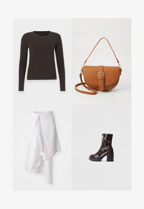 Top castanho de manga longa em malha com decote redondo. Feito de um material suave e elástico, apresentando um silhueta ajustada e detalhes mínimos.; Saia branca envolvente feita de um tecido leve, com uma bainha assimétrica, textura suave e um design simples e minimalista.; Bota de tornozelo burgundy brilhante com um salto preto robusto, apresentando uma textura suave e um design simples. Sem fechos ou padrões visíveis.; Bolsa transversal de couro castanho com um formato curvado, ferragens douradas e um detalhe de fivela. Inclui uma alça de ombro destacável.