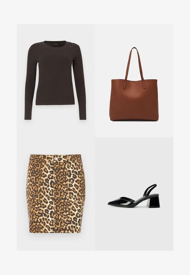 Top castanho de manga longa em malha com decote redondo. Feito de um material suave e elástico, apresentando um silhueta ajustada e detalhes mínimos.; Saia mini de ganga com padrão de leopardo em tons castanho e bege, com fecho frontal por botões e dois bolsos laterais.; Sandy em verniz preto com salto slingback, ponta afilada e salto geométrico. Apresenta um design elegante e minimalista com textura suave.; Bolsa tote de couro castanho com uma textura suave, design de abertura superior e duas alças para o ombro. Apresenta costura mínima e sem hardware visível.