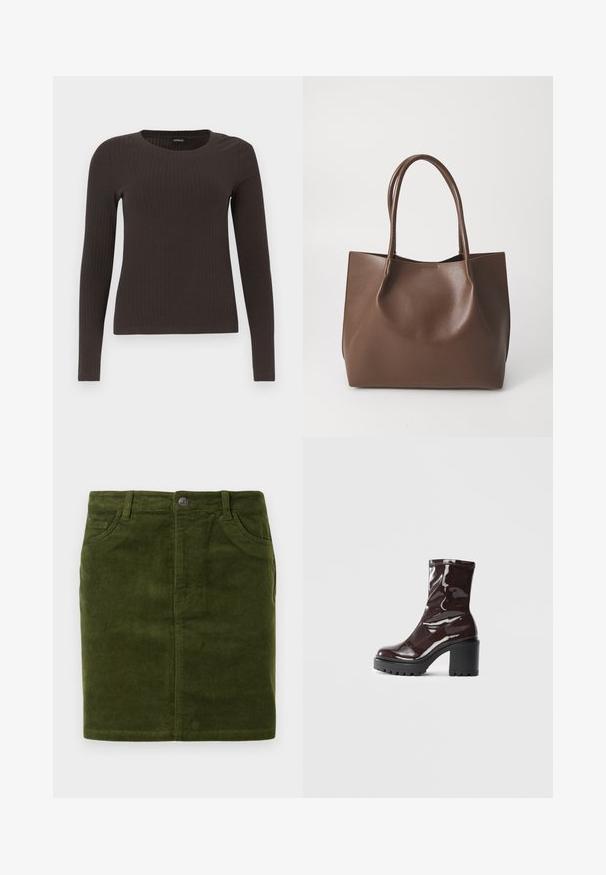 Top ribbed, de culoare maronie, cu mâneci lungi și gât rotund. Fabricat dintr-un material neted și elastic, cu un croi ajustat și detalii minime.; Fustă din catifea grosieră de culoare verde închis, cu o croială dreaptă, având un design cu cinci buzunare și închidere cu nasture metalic la talie.; Botine lucioase burgundy, cu toc gros negru, având o textură netedă și un design simplu. Fără închideri sau modele vizibile.; Geantă tote din piele maro, cu două mânere lungi, formă structurată, textură netedă și design minimal. Fără elemente sau accente vizibile.