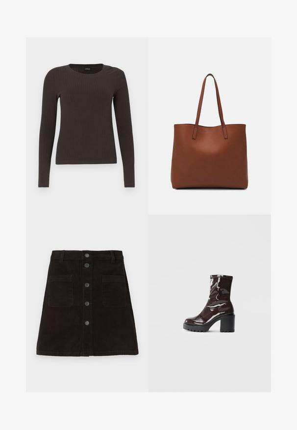 Hnedý, dlhý rukáv, rebrovaný top s okrúhlym výstrihom. Vyrobený z hladkého, elastického materiálu, s priliehavým strihom a minimálnym zdobením.; Hnedá korduroy sukňa vo výstrihu A s gombíkovým zapínaním vpredu, dvoma prednými vreckami a textúrovanými vertikálnymi pruhmi. Štandardný pás so slučkami na opasok.; Lesklé burgundské kotníkové boty s robustním černým podpatkem, s hladkou strukturou a jednoduchým designem. Bez viditelných zapínání nebo vzorů.; Hnedá kožená taška na rameno s hladkou textúrou, otvoreným vrchom a dvoma ramenými popruhmi. Má minimálne šitia a žiadne viditeľné kovania.