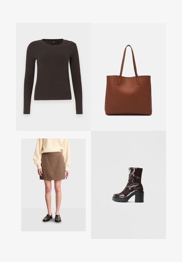 Smeđa, dugokraga, rebrasta majica s dugim rukavima. Izrađena od glatkog, rastezljivog materijala, s prikladnim krojem bez mnogo detalja.; Smeđa teksturirana mini suknja s prilagođenim krojem, uparena s kremastim rebrastim puloverom i tamnim mokasinkama. Tkanina ima suptilan uzorak.; Sjajna burgundska čizma do gležnja s debelim crnim potplatom, koja se odlikuje glatkom teksturom i jednostavnim dizajnom. Nema vidljivih kopčanja ili uzoraka.; Smeđa kožna torba preko ramena s glatkom teksturom, otvorenim vrhom i dvjema naramenicama. Ima minimalne šavove i nema vidljivog hardvera.