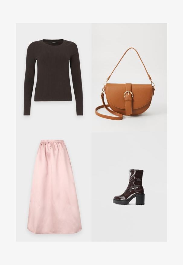 Rudas, su ilgomis rankovėmis, grioveliais dekoruotas viršus su apvaliu iškirpimu. Pagamintas iš lygaus, elastingo audinio, su prigludusia siluetu ir minimaliais akcentais.; Rožinė, grindims siekianti A formos sijonas, pagamintas iš švelnios satinino medžiagos. Įrengtas surinktu juosmeniu, suteikiančiu laisvą prigludimą, ir be siūlių apdaila.; Blizgus burgundių spalvos kulknapis su tankiu juodu kulnu, pasižymintis lygiu paviršiumi ir paprastu dizainu. Nėra matomų užsegimų ar raštų.; Ruda odinė kryžminė rankinė, turinti kreivą formą, auksinius metalinius elementus ir sagtį. Yra nuimama petneša.