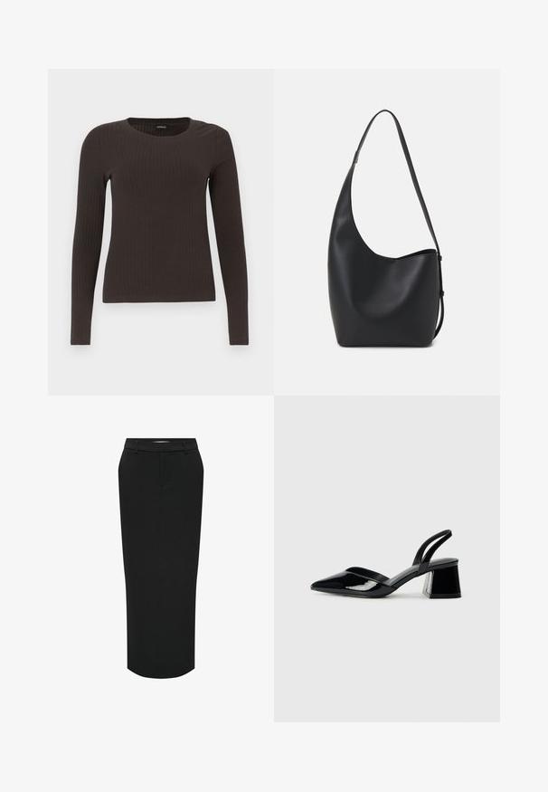 Brun långärmad ribbad topp med rundad halsringning. Tillverkad av ett mjukt, elastiskt material, med en figurnära silhuett och minimala detaljer.; Svart, högmidjad pennkjol. Tillverkad av ett mjukt tyg, med en rak siluett och sidofickor för en skräddarsydd look.; Svarta lackläder slingback klackar med spetsig tå och geometrisk klack. Har en elegant, minimalistisk design och slät yta.; Svart läder hobo-väska med en slät textur, kurvig form och en justerbar axelrem; har en bred öppning upptill.