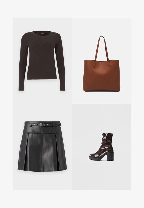 Top castanho de manga longa em malha com decote redondo. Feito de um material suave e elástico, apresentando um silhueta ajustada e detalhes mínimos.; Saia plissada preta feita de pele sintética, com uma cintura ajustada com um cinto e detalhes em prata. Textura suave.; Bota de tornozelo burgundy brilhante com um salto preto robusto, apresentando uma textura suave e um design simples. Sem fechos ou padrões visíveis.; Bolsa tote de couro castanho com uma textura suave, design de abertura superior e duas alças para o ombro. Apresenta costura mínima e sem hardware visível.