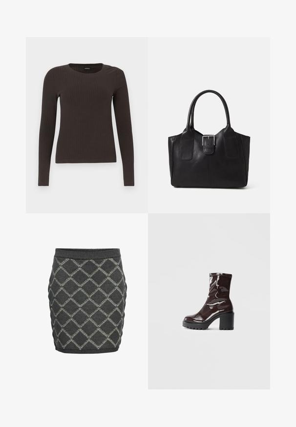 Un haut marron à manches longues en rib avec un col rond. Fabriqué dans un matériau lisse et extensible, il présente une silhouette ajustée et un minimum de détails.; Jupe en tricot grise avec un motif en diamant, une finition texturée, une taille côtelée et une silhouette ajustée.; Bottines bordeaux brillantes à talon épais noir, avec une texture lisse et un design simple. Aucune fermeture visible ni motifs.; Sac fourre-tout en cuir noir avec une texture lisse, une forme structurée, deux poignées et un détail en boucle argentée proéminent à l'avant.