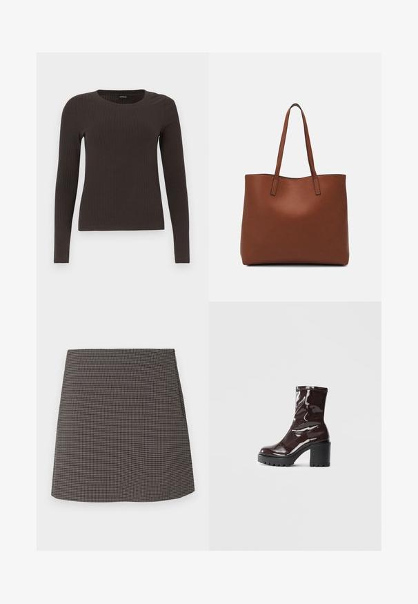 Brun, langermet ribbestrikket topp med rund hals. Laget av et glatt, elastisk materiale, med en tettsittende silhuett og minimalt med detaljer.; Mini skjørt med rett snitt i små svarte og grå houndstooth mønster, uten synlige pynt eller lommer.; Glinsende burgunder ankelstøvel med en kraftig svart hæl, med en glatt tekstur og enkelt design. Ingen synlige lukkinger eller mønstre.; Brun lær tote veske med en jevn tekstur, åpen toppdesign og to skulderstropper. Har minimal søm og ingen synlige spiker.