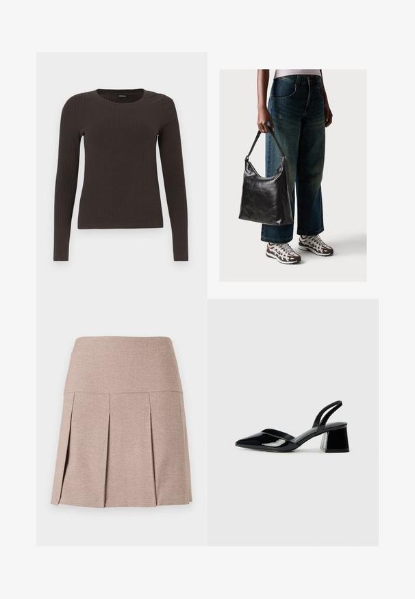 Bruine, lang%C3%A8ve ribgebreide top met een ronde hals. Gemaakt van een soepel, rekbaar materiaal, met een getailleerde pasvorm en minimale details.; Plissérok van een zachte beige stof met een gladde tailleband, voorzien van een gestructureerd, lichtgewicht materiaal en een rechte zoom.; Zwarte gepatineerde leren slingback hakken met een spitse neus en een geometrische blokhak. Kenmerkt zich door een slank, minimalistisch ontwerp en een gladde textuur.; Zwarte leren schoudertas met een gladde textuur en een verstelbare strap, gecombineerd met vervaagde wijde jeans en sportieve sneakers.