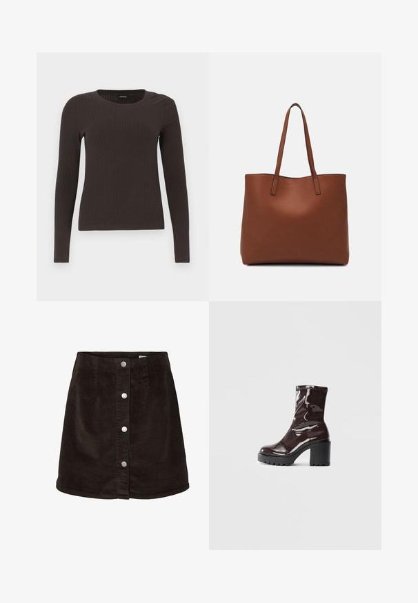 Hnedý, dlhý rukáv, rebrovaný top s okrúhlym výstrihom. Vyrobený z hladkého, elastického materiálu, s priliehavým strihom a minimálnym zdobením.; Tmavo hnedá kordúrová sukňa v A-strihu s piatimi striebornými cvokmi pozdĺž prednej časti a miernym rozšírením na spodnom okraji.; Lesklé burgundské kotníkové boty s robustním černým podpatkem, s hladkou strukturou a jednoduchým designem. Bez viditelných zapínání nebo vzorů.; Hnedá kožená taška na rameno s hladkou textúrou, otvoreným vrchom a dvoma ramenými popruhmi. Má minimálne šitia a žiadne viditeľné kovania.