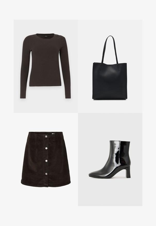 Rudas, su ilgomis rankovėmis, grioveliais dekoruotas viršus su apvaliu iškirpimu. Pagamintas iš lygaus, elastingo audinio, su prigludusia siluetu ir minimaliais akcentais.; Tamsiai rudos spalvos kordūrinė A formos sijonas su penkiomis sidabrinėmis spaudėmis priekyje ir šiek tiek plačiu apvadu.; Juodos lakuotos odinės aulinukės su smailiu pirštu ir vidutinio aukščio blokuotu kulnu. Lygus paviršius ir minimalistinis dizainas.; Juodas odinis tote krepšys su lygia tekstūra, stačiakampio formos ir dviem ilgais rankenomis. Matomų metalinių detalių ar puošybos nėra.