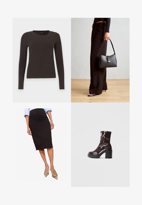 Braunes, langärmliges, geripptes Oberteil mit Rundhalsausschnitt. Hergestellt aus einem glatten, dehnbaren Material, mit einer taillierten Silhouette und minimalen Details.; Schwarzer Bleistiftrock aus glattem Stoff, knielang, kombiniert mit spitzen Schlangenleder-High Heels, die eine elegante Silhouette bieten.; Glatte bordeauxrote Ankle Boots mit einem klobigen schwarzen Absatz, die eine glatte Oberfläche und ein einfaches Design aufweisen. Keine sichtbaren Verschlüsse oder Muster.; Schwarze Handtasche mit strukturierter Form, glatter Textur und einem metallischen Verschluss. Kombiniert mit weiten schwarzen Hosen und offenen Sandalen auf einem Holzboden.