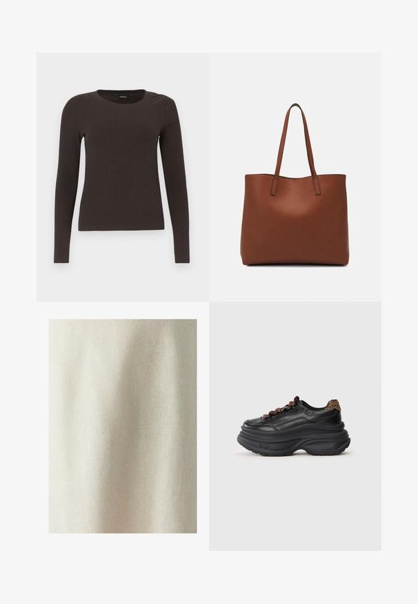 Brūns, garām piedurknēm ribots tops ar apaļu kakla izgriezumu. Izgatavots no gludas, elastīgas materiāla, ar pieguļošu siluetu un minimālu apdari.; Gaiši bežs audums ar smalku tekstūru un vienmērīgu aušanu, kas rāda maigas krokas un locījumus, piemērots dažādām tekstila izmantošanas iespējām.; Melnas ādas sporta apavi ar biezu zoli, apaļu formu, brūnām pītas šņorēm un leoparda raksta akcentu uz papēža.; Brūna ādas iepirkumu soma ar gludu tekstūru, atvērta augšdaļa un divas plecu siksnas. Izceļas ar minimālām šuvēm un redzamu aparatūru nav.