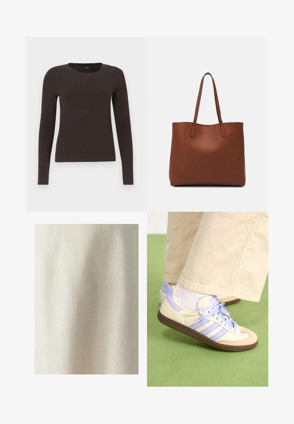 Smeđa, dugokraga, rebrasta majica s dugim rukavima. Izrađena od glatkog, rastezljivog materijala, s prikladnim krojem bez mnogo detalja.; Svijetlo bež tkanina s suptilnom teksturom i ravnom tkanjem, prikazujući nježne nabore i pregibe, pogodna za razne tekstilne primjene.; Kremasto-ljubičaste tenisice s tri pruge i strukturiranim smeškim potplatom, s vezicama i podstavljenim petom. Mekana gornja tkanina.; Smeđa kožna torba preko ramena s glatkom teksturom, otvorenim vrhom i dvjema naramenicama. Ima minimalne šavove i nema vidljivog hardvera.