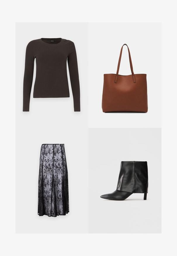 Barna, hosszú ujjú bordázott felső, kerek nyakkivágással. Simább, rugalmas anyagból készült, illeszkedő fazonú és minimális részletezéssel.; Fekete csipkából készült szoknya virágmintákkal, lebegő sziluettel és hullámos szegéllyel, amely kiemeli a finom és átlátszó textúrát.; Fekete bőrből készült, középmagas szárú csizma, hegyes orral, hajtott felső résszel és karcsú, alacsony sarokkal, fehér háttér előtt.; Barna bőr vászontáska sima textúrával, nyitott tetejű dizájnnal és két vállpánttal. Minimális varrással és látható hardver nélkül készült.