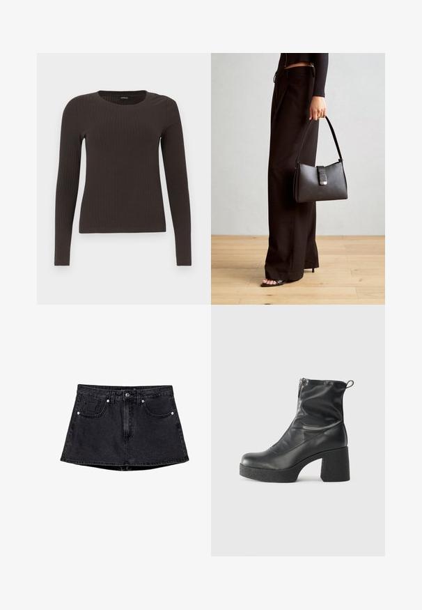 Un haut marron à manches longues en rib avec un col rond. Fabriqué dans un matériau lisse et extensible, il présente une silhouette ajustée et un minimum de détails.; Jupe en denim noir avec une taille cintrée, un design à cinq poches, une fermeture traditionnelle par bouton et zip, et un ourlet légèrement évasé.; Bottes noires à la cheville en cuir lisse, dotées d'une fermeture éclair sur le côté, d'un talon épais texturé et d'une conception à bout rond.; Sac à main noir à la forme structurée, texture lisse et fermoir métallique. Associé à un pantalon noir ample et des sandales ouvertes sur un sol en bois.