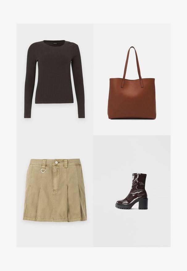 Top castanho de manga longa em malha com decote redondo. Feito de um material suave e elástico, apresentando um silhueta ajustada e detalhes mínimos.; Saia de denim verde oliva clara com quatro pregas em faca, fechamento frontal com botões e um detalhe em metal na cintura.; Bota de tornozelo burgundy brilhante com um salto preto robusto, apresentando uma textura suave e um design simples. Sem fechos ou padrões visíveis.; Bolsa tote de couro castanho com uma textura suave, design de abertura superior e duas alças para o ombro. Apresenta costura mínima e sem hardware visível.