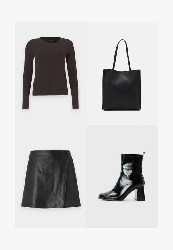 Brūns, garām piedurknēm ribots tops ar apaļu kakla izgriezumu. Izgatavots no gludas, elastīgas materiāla, ar pieguļošu siluetu un minimālu apdari.; Melnā mākslīgā ādas mini svārku ar apņemšanas priekšpusi, kas fiksēta ar pogu labajā pusē, gluda tekstūra un neliels spīdums.; Melna lakota potīte līdz potītei ar kvadrātu purngalu un masīvu ģeometrisku papēdi. Tam ir gluda, spīdīga tekstūra un aizmugurējais cilpiņu elements, kas nodrošina ērtu uzvilkšanu.; Melnas ādas somiņa ar gludu tekstūru, taisnstūra formu un divām garām rokturiem. Nav redzamu aparatūras vai rotājumu.