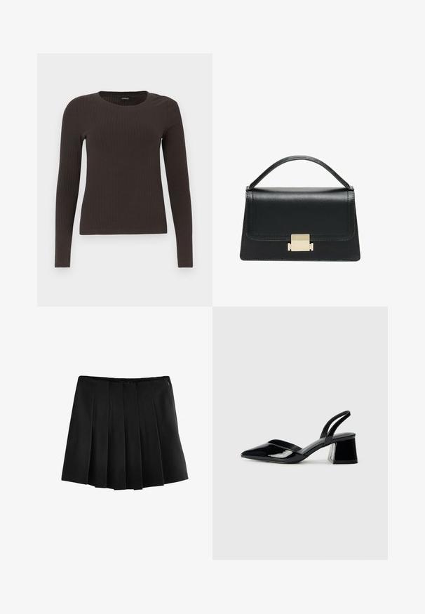 Smeđa, dugokraga, rebrasta majica s dugim rukavima. Izrađena od glatkog, rastezljivog materijala, s prikladnim krojem bez mnogo detalja.; Next PONTE - Suknja A kroja - black; Crne lakirane kožne sandale s otvorenom petom i špicastim vrhom, s geometrijskom blok petom. Imaju elegantan, minimalistički dizajn i glatku teksturu.; Crna kožna torba s strukturiranim dizajnom, gornjom drškom i zlatnim metalnim kopčanjem na prednjoj strani. Glatka tekstura, minimalno šivanje.