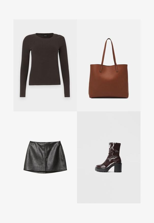 Brun langærmet ribbet top med rund halsudskæring. Fremstillet af et glat, strækbart materiale, med en tætsiddende silhuet og minimalistiske detaljer.; Sort faux læder nederdel med en glat tekstur, med en lige snit og en diskret glans, designet med minimale syninger.; Glatte burgunder ankelstøvler med en chunky sort hæl, der har en glat tekstur og et simpelt design. Ingen synlige lukninger eller mønstre.; Brun læder tote taske med en glat overflade, åben topdesign og to skulderremme. Har minimal syning og ingen synlig hardware.