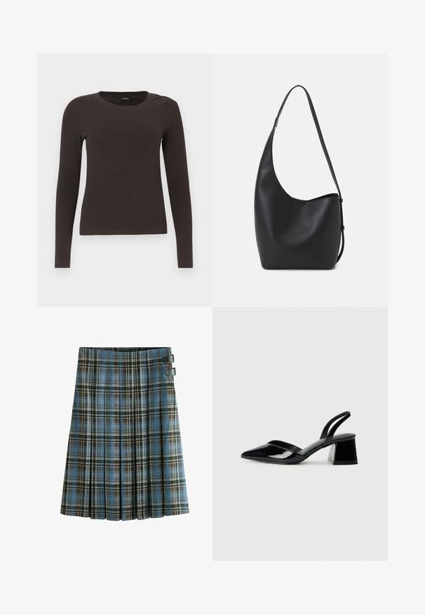 Hnědý, dlouhý rukáv, žebrovaný top s kulatým výstřihem. Vyrobeno z hladkého, elastického materiálu, s přiléhavým střihem a minimálním zdobením.; Skotská sukně v modrých, hnědých a černých tónech. Obsahuje plisování a dva černé spony na pase. Vyrobena z tkané látky.; Černé lakované kožené lodičky na pásku s špičatou špičkou a geometrickým blokovým podpatkem. Vyznačují se elegantním, minimalistickým designem a hladkým povrchem.; Černá kožená hobo taška s hladkým povrchem, zakřiveným tvarem a jedním nastavitelným popruhem; má široké otevírání nahoře.