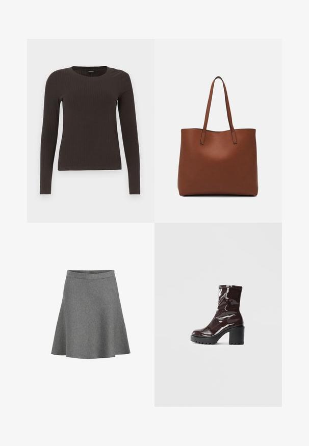 Brown, long-sleeve ribbed top with a crew neckline. Made from a smooth, stretchy material, featuring a fitted silhouette and minimal detailing.; Gray flared skirt made of soft fabric, featuring a smooth waistband and a hem that gently flares out, with a subtle texture and no patterns.; Glossy burgundy ankle boot with a chunky black heel, featuring a smooth texture and simple design. No visible fastenings or patterns.; Brown leather tote bag with a smooth texture, open top design, and two shoulder straps. Features minimal stitching and no visible hardware.
