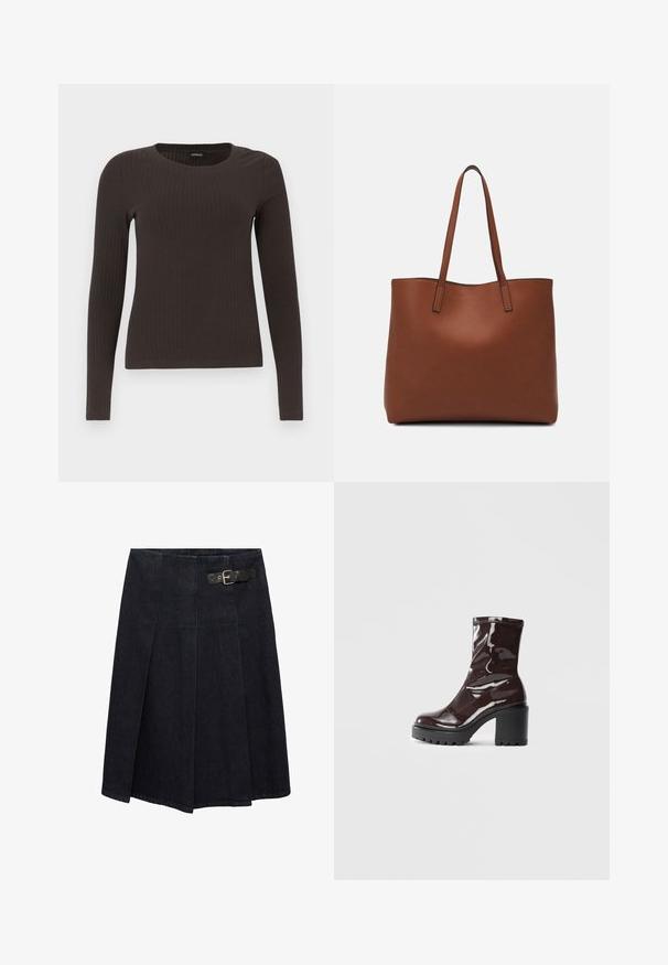 Braunes, langärmliges, geripptes Oberteil mit Rundhalsausschnitt. Hergestellt aus einem glatten, dehnbaren Material, mit einer taillierten Silhouette und minimalen Details.; Dunkelblaue Denim-Rock mit einer taillierten Passform, seitlichem Schnallendetail, Falten-Design und leicht ausgestelltem Schnitt. Nahtdetails über das gesamte Stück.; Glatte bordeauxrote Ankle Boots mit einem klobigen schwarzen Absatz, die eine glatte Oberfläche und ein einfaches Design aufweisen. Keine sichtbaren Verschlüsse oder Muster.; Braune Leder-Tote mit glatter Textur, offenem Oberteil und zwei Schulterriemen. Verfügt über minimale Nähte und keine sichtbaren Beschläge.