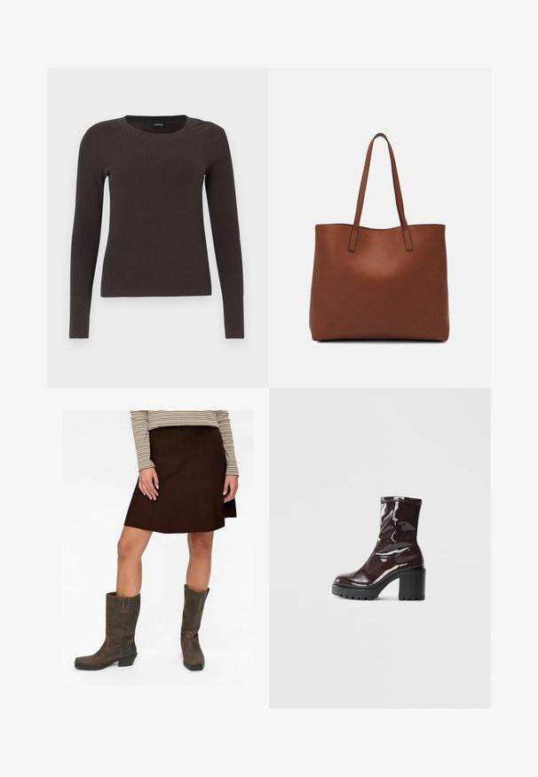 Rudas, su ilgomis rankovėmis, grioveliais dekoruotas viršus su apvaliu iškirpimu. Pagamintas iš lygaus, elastingo audinio, su prigludusia siluetu ir minimaliais akcentais.; Moteris, vilkinti rudą iki kelių sijoną, dryžuotą ilgomis rankovėmis marškinėlį ir tamsiai rudus odinius batus iki blauzdų, stovinti ant baltos fono.; Blizgus burgundių spalvos kulknapis su tankiu juodu kulnu, pasižymintis lygiu paviršiumi ir paprastu dizainu. Nėra matomų užsegimų ar raštų.; Ruda odinė priekabų krepšys su glotnia tekstūra, atviru viršumi ir dviem petnešomis. Su minimalia siuvimo detalėmis ir nematoma aparatūra.