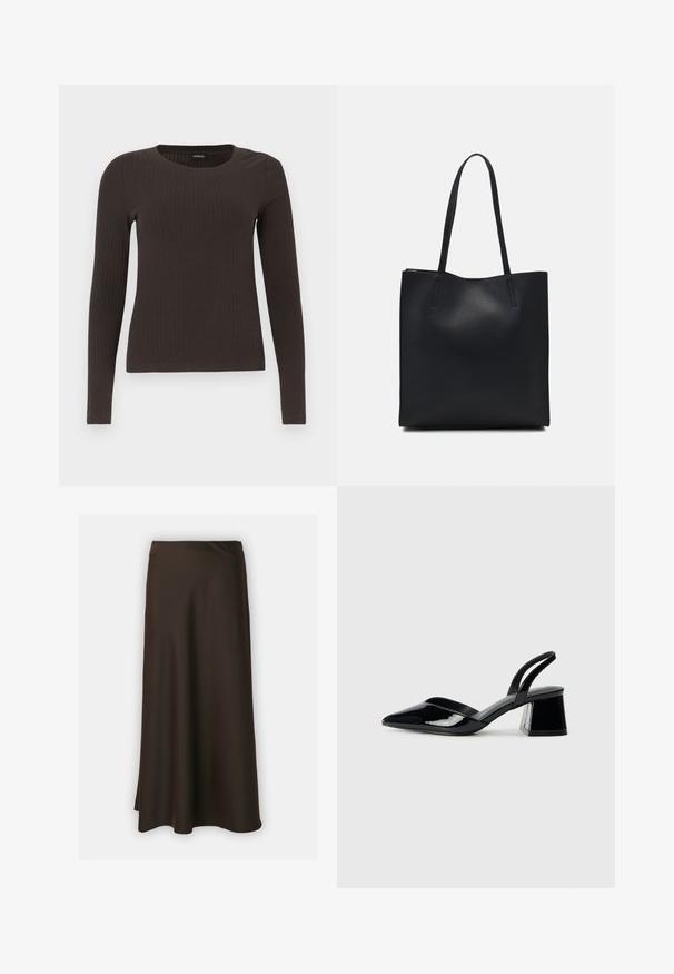Hnedý, dlhý rukáv, rebrovaný top s okrúhlym výstrihom. Vyrobený z hladkého, elastického materiálu, s priliehavým strihom a minimálnym zdobením.; Selected Femme SLFLENA - sukňa v tvare A - coffee bean; Čierne lakované kožené sandálové podpätky s špicatou špičkou a geometrickým blokovým podpätkom. Disponujú elegantným, minimalistickým dizajnom a hladkým povrchom.; Čierna kožená taška na rameno s hladkým povrchom, obdĺžnikovým tvarom a dvoma dlhými uchami. Bez viditeľného kovania alebo ozdôb.