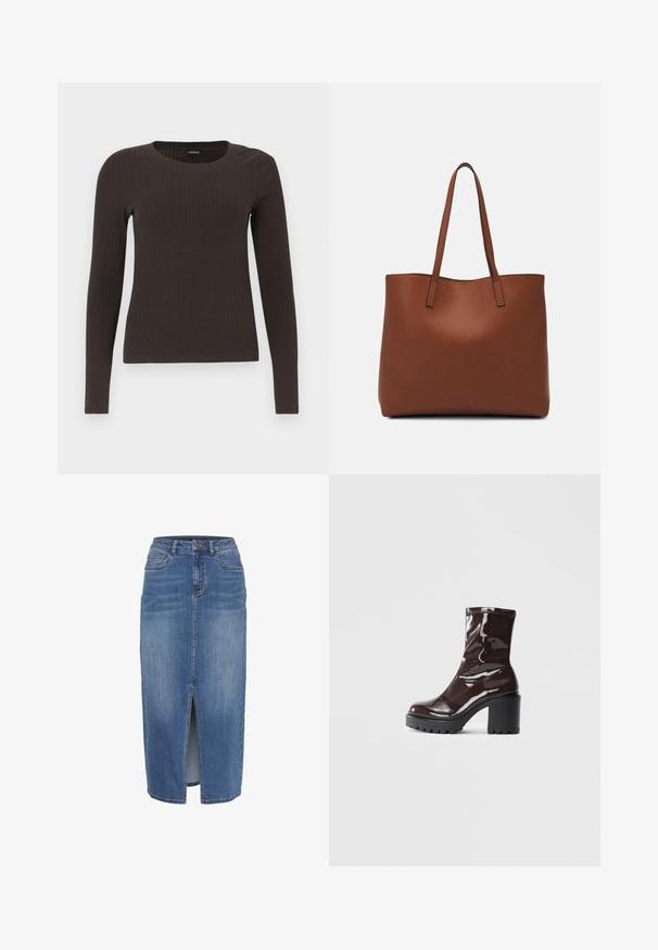 Top marrón de manga larga y con ribete, con cuello redondo. Fabricado con un material suave y elástico, presenta una silueta ajustada y un diseño minimalista.; Falda de mezclilla con una abertura frontal, de longitud media, en un lavado de azul claro a medio. Cuenta con cinco bolsillos y una cinturilla con bucles para cinturón.; Botín burdeos brillante hasta el tobillo con un tacón negro grueso, que presenta una textura suave y un diseño sencillo. Sin cierres ni patrones visibles.; Bolso tote de cuero marrón con una textura suave, diseño de apertura superior y dos correas para el hombro. Presenta una costura mínima y sin herrajes visibles.