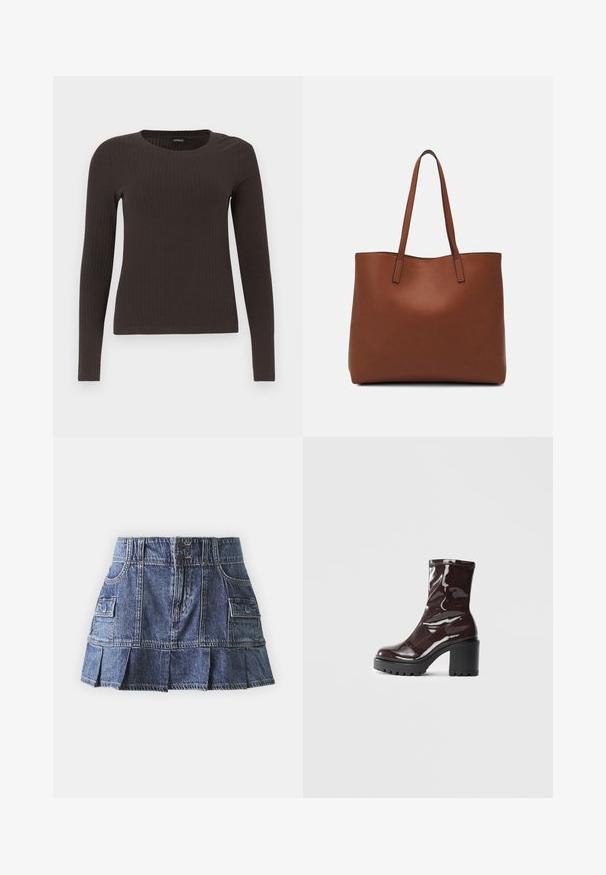 Pruun, pikkade varrukatega ribaga särk, millel on ümar kaelus. Valmistatud siledast, venivast materjalist, omades formatiivset siluetti ja minimaalset dekoratiivsust.; Hollister Co. PLEATED UTILITY SKIRT - Voltidega seelik - medium denim; Klakav läikiv burgundi värvi pahkluu saabas, millel on paks must konts, sile tekstuur ja lihtne disain. Nähtavad kinnitused või mustrid puuduvad.; Pruun nahast tote-kott, millel on sile tekstuur, avatud ülaosa disain ja kaks õlarihma. Omab minimaalset õmblust ja nähtavat riistvara ei ole.