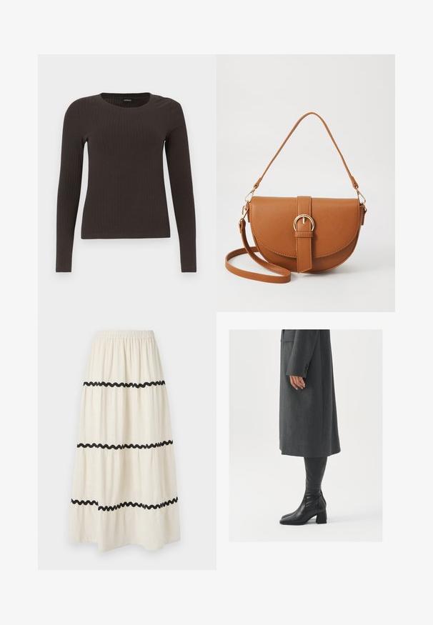 Pruun, pikkade varrukatega ribaga särk, millel on ümar kaelus. Valmistatud siledast, venivast materjalist, omades formatiivset siluetti ja minimaalset dekoratiivsust.; Kihiline pahkluuni ulatuv seelik kreemivärvi kangast mustade laineliste ääristega. Omab elastset vöökohta mugavuse tagamiseks ja voolavat, kerget alla langevust.; Hallhalline, kohandatud ülikond jakk sirge lõikega; kombineeritud kuni põlveni ulatuvate mustade nahast saapadega, millel on nelinurkne varvas ja paks konts.; Pruun nahast õlakott, millel on kumer kuju, kullavärvi riistvara ja pandlaga kaunistus. Omab eemaldatavat õlarihma.